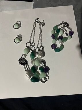 Elegant Green and Purple Beaded Necklace and Bracelet Set - Women Jewelry